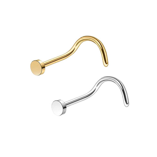 2 Flat Circle Golden Silver Stainless Steel Curved Screw Nose Studs