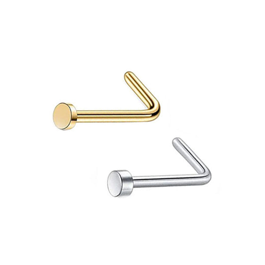 2 Flat Circle Golden Silver Stainless Steel L Bend Nose Studs