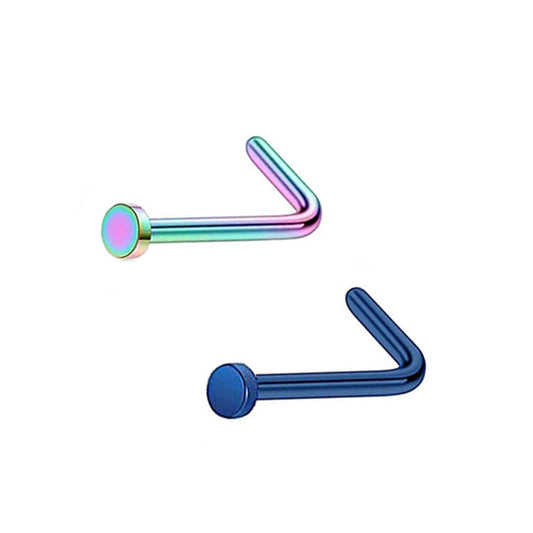 2 Flat Circle Rainbow Blue Stainless Steel L Bend Nose Studs