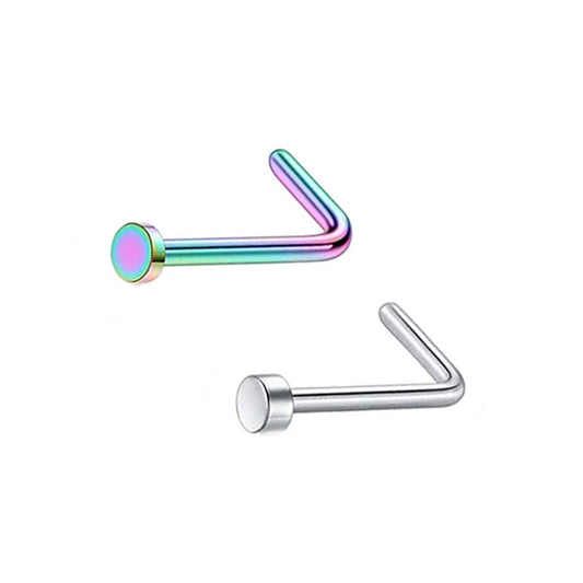 2 Flat Circle Rainbow Silver Stainless Steel L Bend Nose Studs