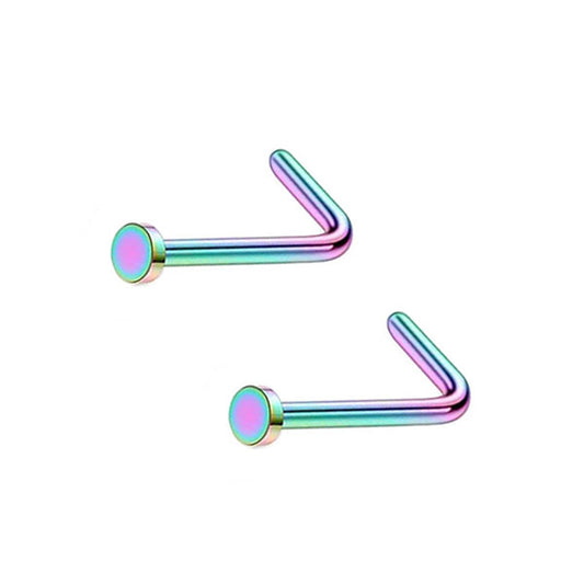 2 Flat Circle Rainbow Stainless Steel L Bend Nose Studs