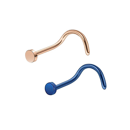 2 Flat Circle Rose Gold Blue Stainless Steel Curved Screw Nose Studs