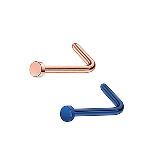 2 Flat Circle Rose Gold Blue Stainless Steel L Bend Nose Studs