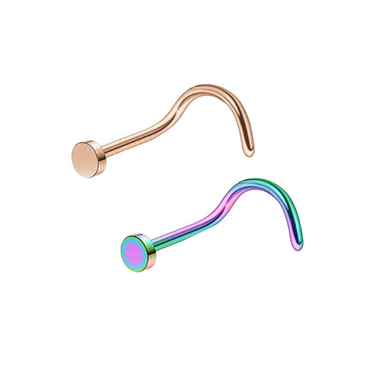2 Flat Circle Rose Gold Rainbow Stainless Steel Curved Screw Nose Studs