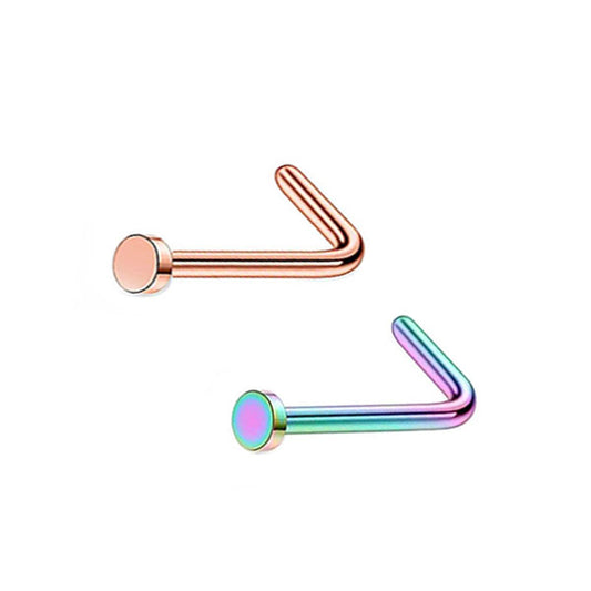 2 Flat Circle Rose Gold Rainbow Stainless Steel L Bend Nose Studs