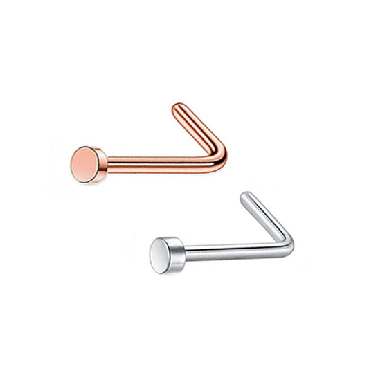 2 Flat Circle Rose Gold Silver Stainless Steel L Bend Nose Studs