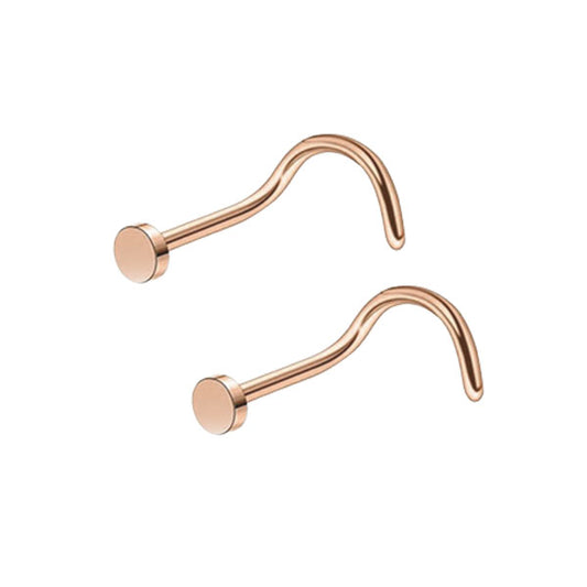 2 Flat Circle Rose Gold Stainless Steel Curved Screw Nose Studs