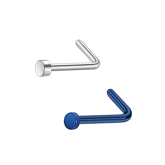 2 Flat Circle Silver Blue Stainless Steel L Bend Nose Studs