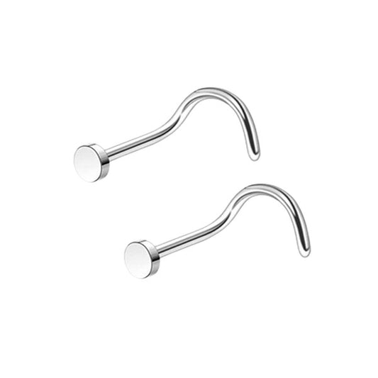 2 Flat Circle Silver Stainless Steel Curved Screw Nose Studs