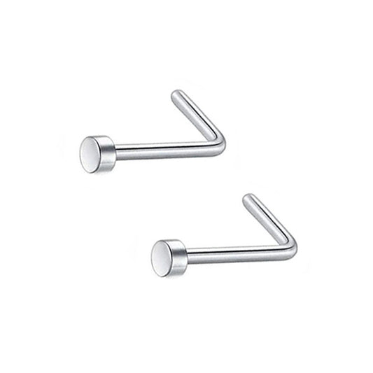 2 Flat Circle Silver Stainless Steel L Bend Nose Studs