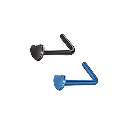 2 Heart Black Blue Stainless Steel L Bend Nose Studs