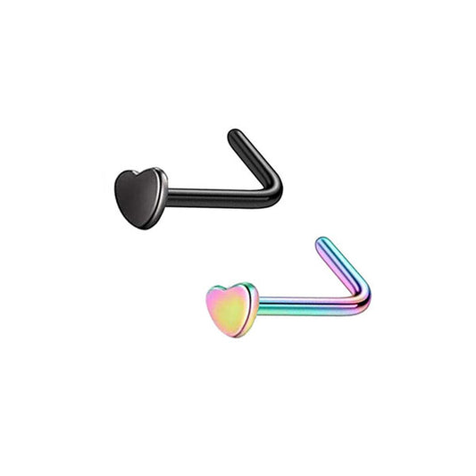 2 Heart Black Rainbow Stainless Steel L Bend Nose Studs