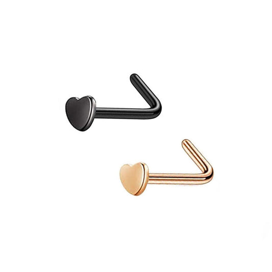 2 Heart Black Rose Gold Stainless Steel L Bend Nose Studs