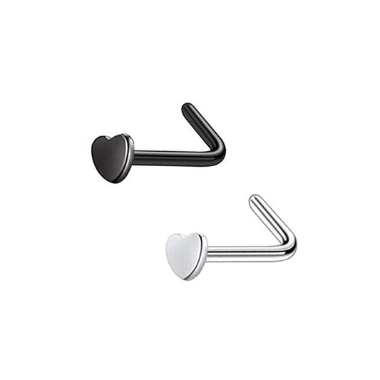 2 Heart Black Silver Stainless Steel L Bend Nose Studs