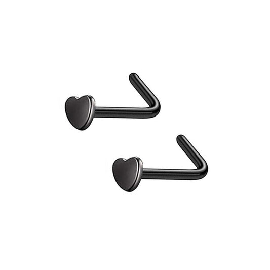 2 Heart Black Stainless Steel L Bend Nose Studs