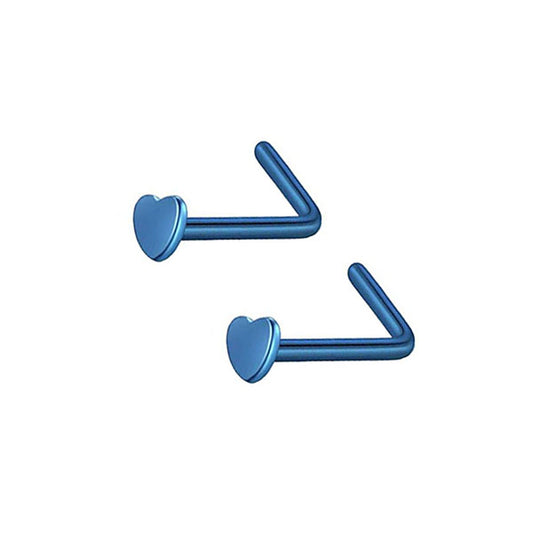 2 Heart Blue Stainless Steel L Bend Nose Studs