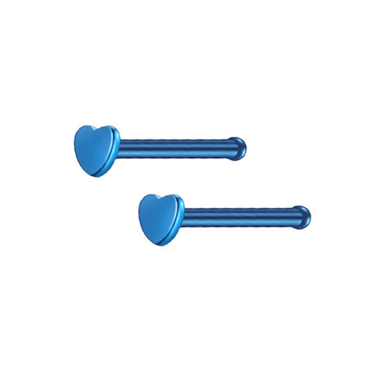 2 Heart Blue Stainless Steel Straight Nose Bone Studs