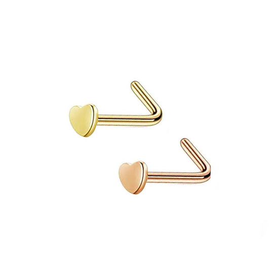2 Heart Golden Rose Gold Stainless Steel L Bend Nose Studs