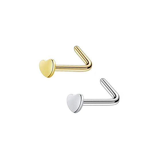 2 Heart Golden Silver Stainless Steel L Bend Nose Studs