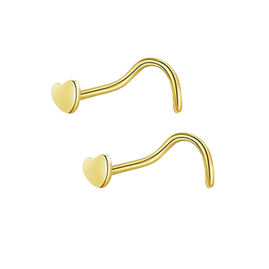 2 Heart Golden Stainless Steel Curved Screw Nose Studs