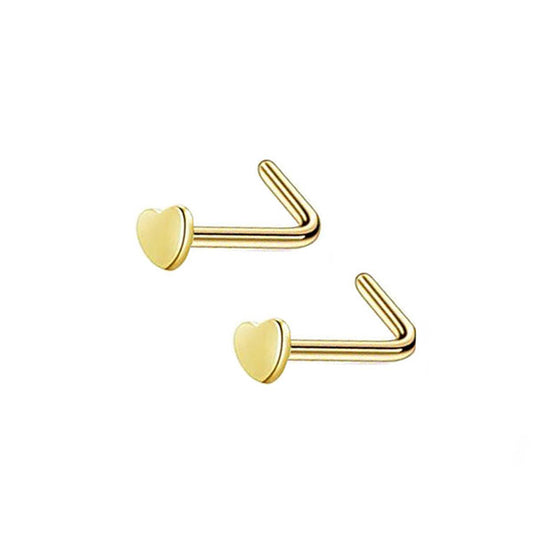 2 Heart Golden Stainless Steel L Bend Nose Studs