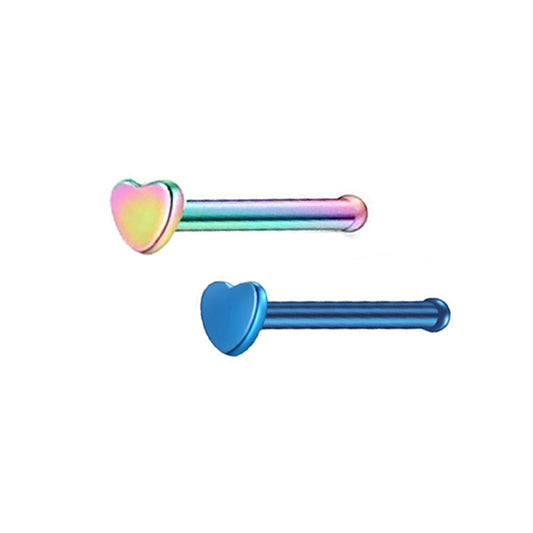 2 Heart Rainbow Blue Silver Stainless Steel Straight Nose Bone Studs