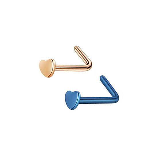 2 Heart Rose Gold Blue Stainless Steel L Bend Nose Studs
