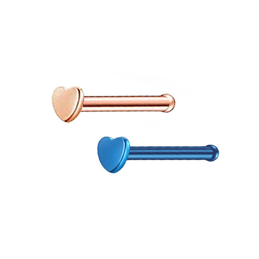 2 Heart Rose Gold Blue Stainless Steel Straight Nose Bone Studs