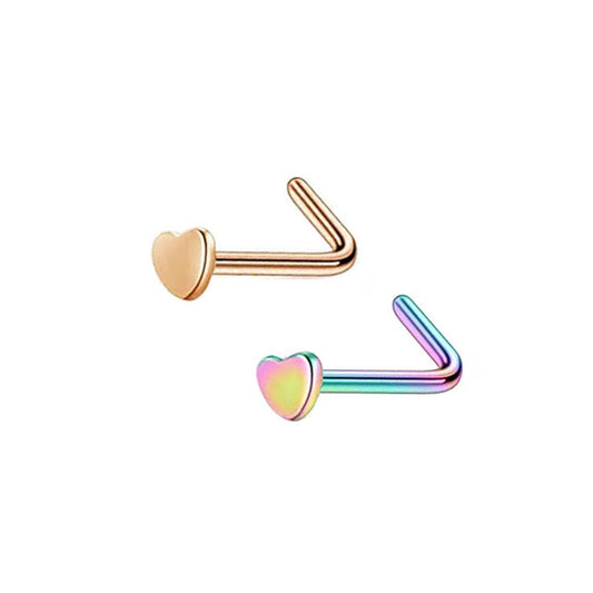 2 Heart Rose Gold Rainbow Stainless Steel L Bend Nose Studs