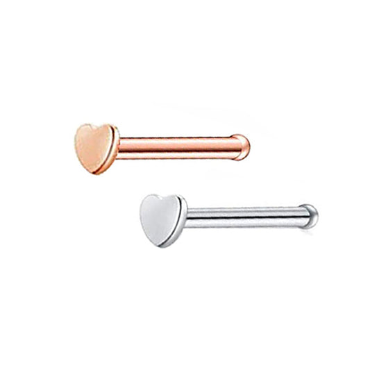 2 Heart Rose Gold Silver Stainless Steel Straight Nose Bone Studs