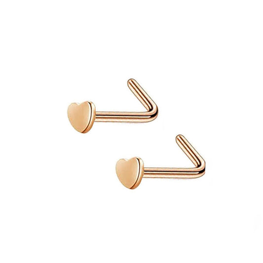 2 Heart Rose Gold Stainless Steel L Bend Nose Studs