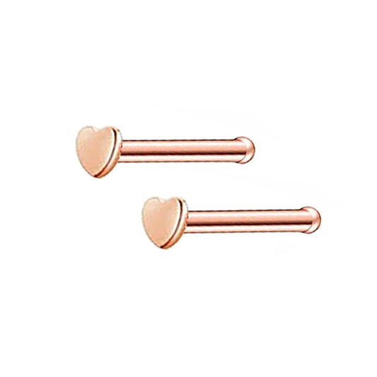 2 Heart Rose Gold Stainless Steel Straight Nose Bone Studs