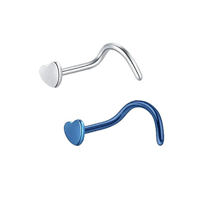 2 Heart Silver Blue Stainless Steel Curved Screw Nose Studs