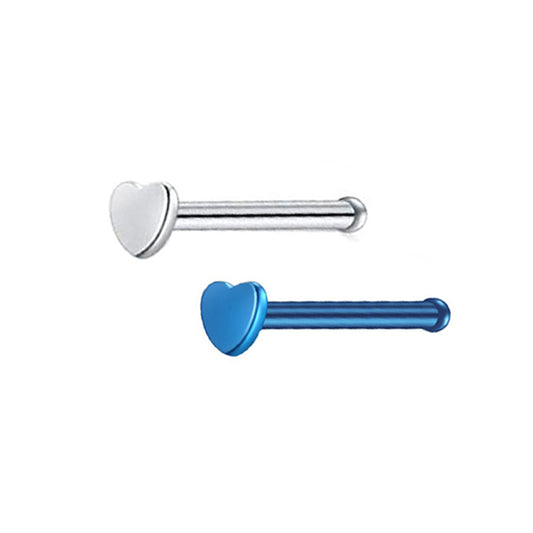 2 Heart Silver Blue Stainless Steel Straight Nose Bone Studs