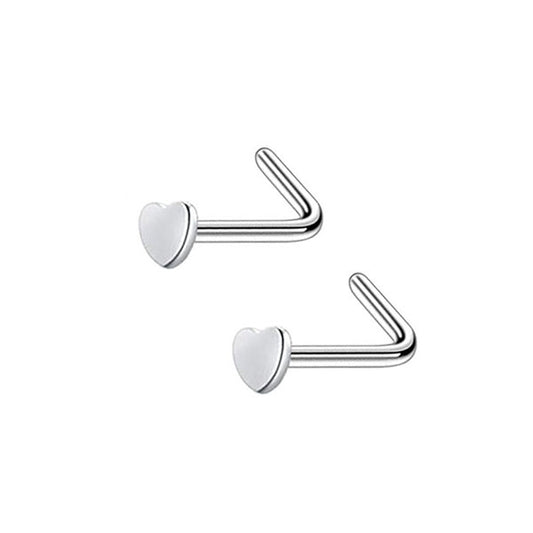 2 Heart Silver Stainless Steel L Bend Nose Studs