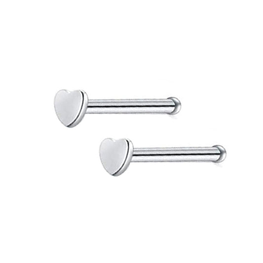 2 Heart Silver Stainless Steel Straight Nose Bone Studs