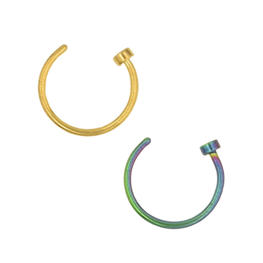 2 Flat Circle Golden Rainbow Stainless Steel Hoop Nose Rings
