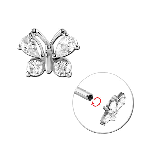 Butterfly Clear CZ Silver Stainless Steel Internally Threaded Attachment