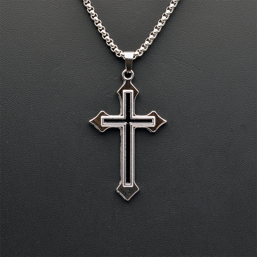 Cross Black Enamel Silver Stainless Steel Box Chain Necklace