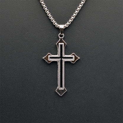 Cross Black Enamel Silver Stainless Steel Box Chain Necklace