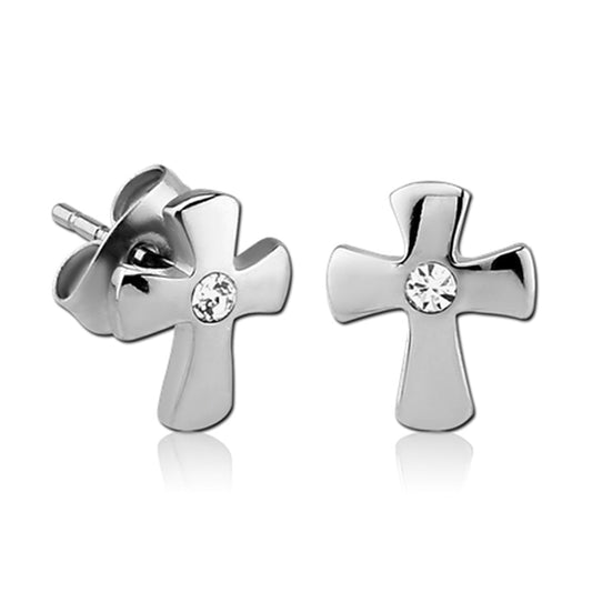 Cross Clear CZ Silver Stainless Steel Stud Earrings
