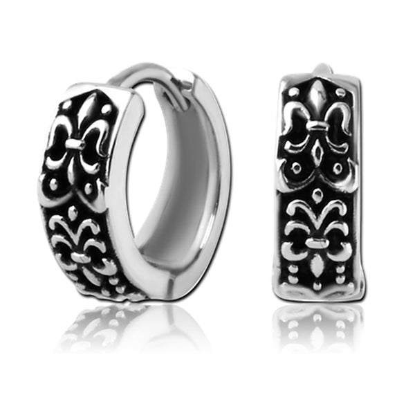 Fleur De Lys Silver Stainless Steel Huggie Hoop Earrings