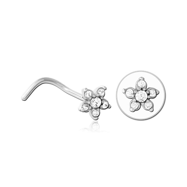 Flower Clear CZ Silver Stainless Steel Curved Screw Nose Stud 0.8mm/20g
