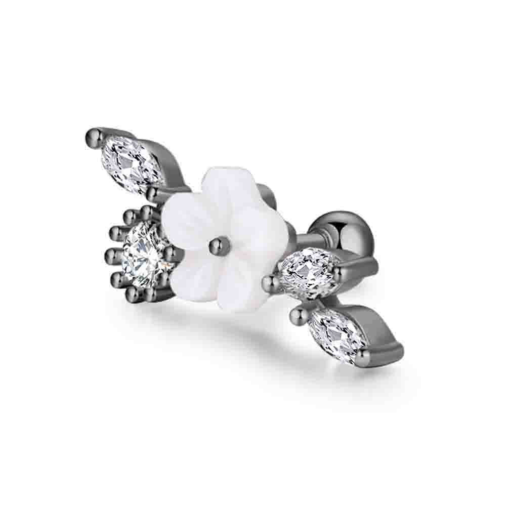 Flower Clear CZ Gunmetal Stainless Steel Cluster Ear Stud