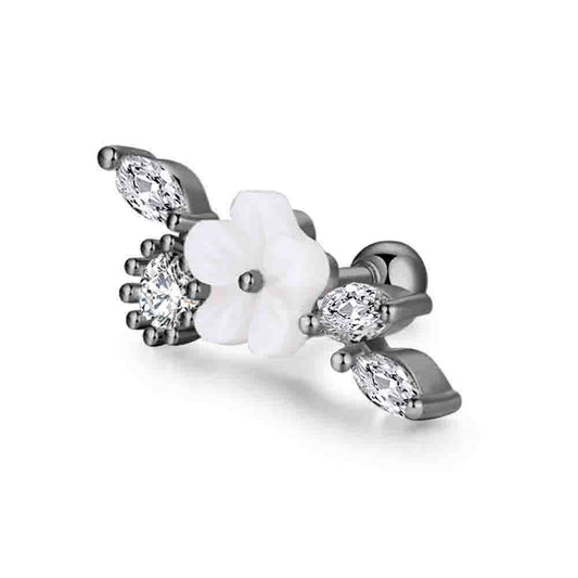 Flower Clear CZ Gunmetal Stainless Steel Cluster Ear Stud