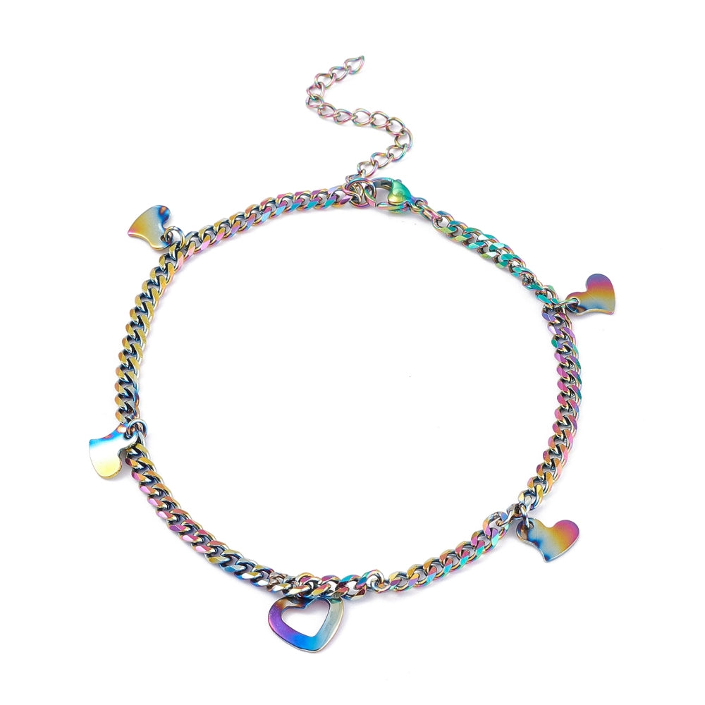 Curb Chain With Hearts Rainbow Stainless Steel Anklet