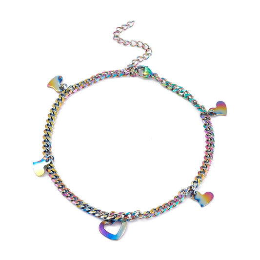 Curb Chain With Hearts Rainbow Stainless Steel Anklet
