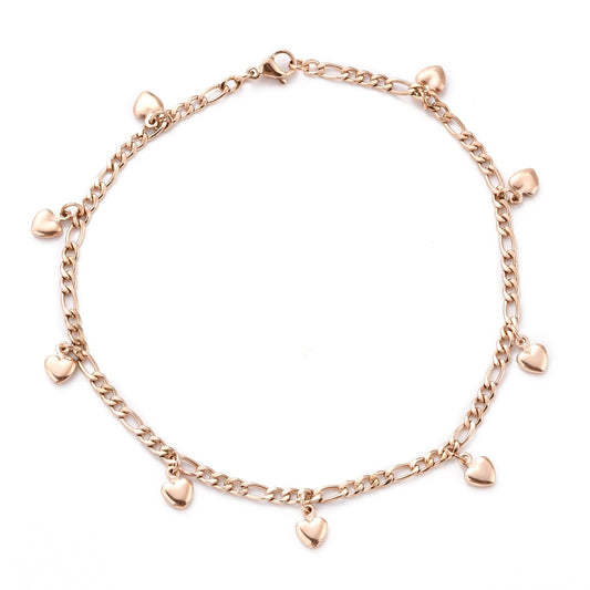 Hearts Figaro Chain Rose Gold Stainless Steel Anklet