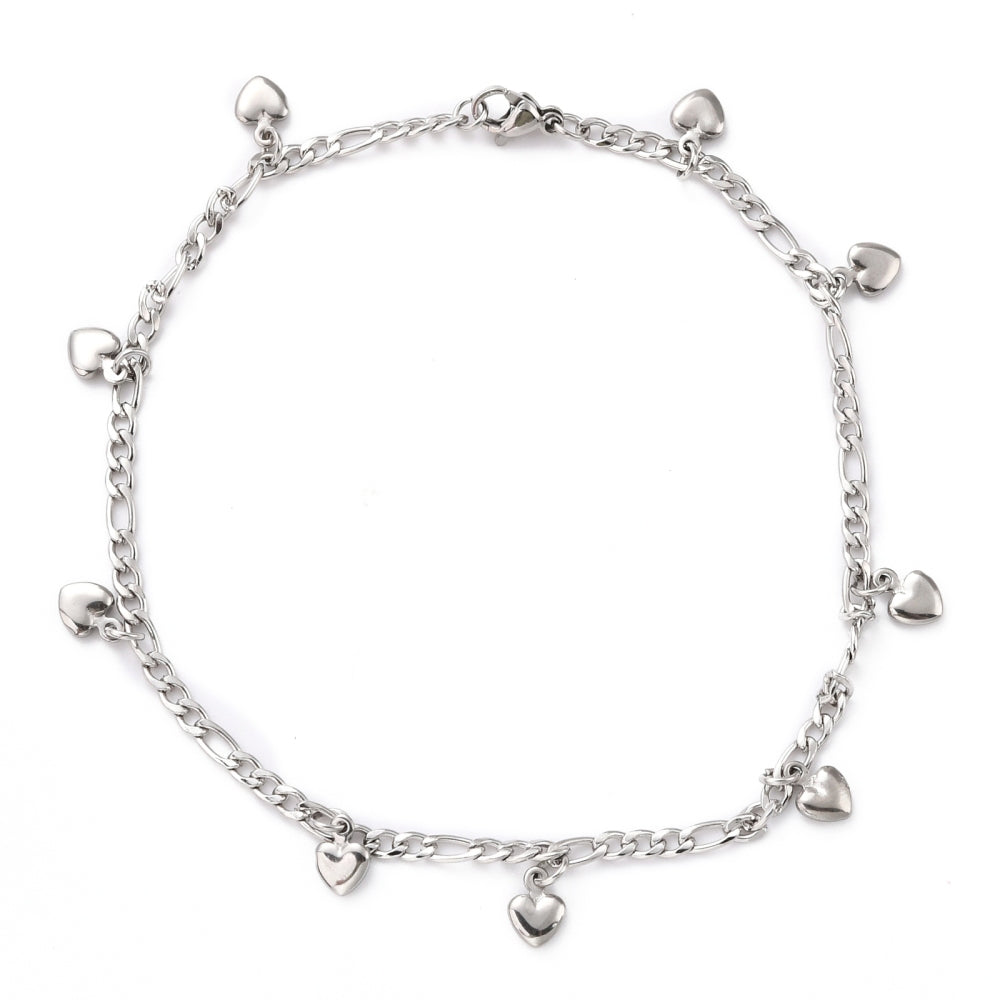 Figaro Chain With Hearts Silver Stainless Steel Anklet