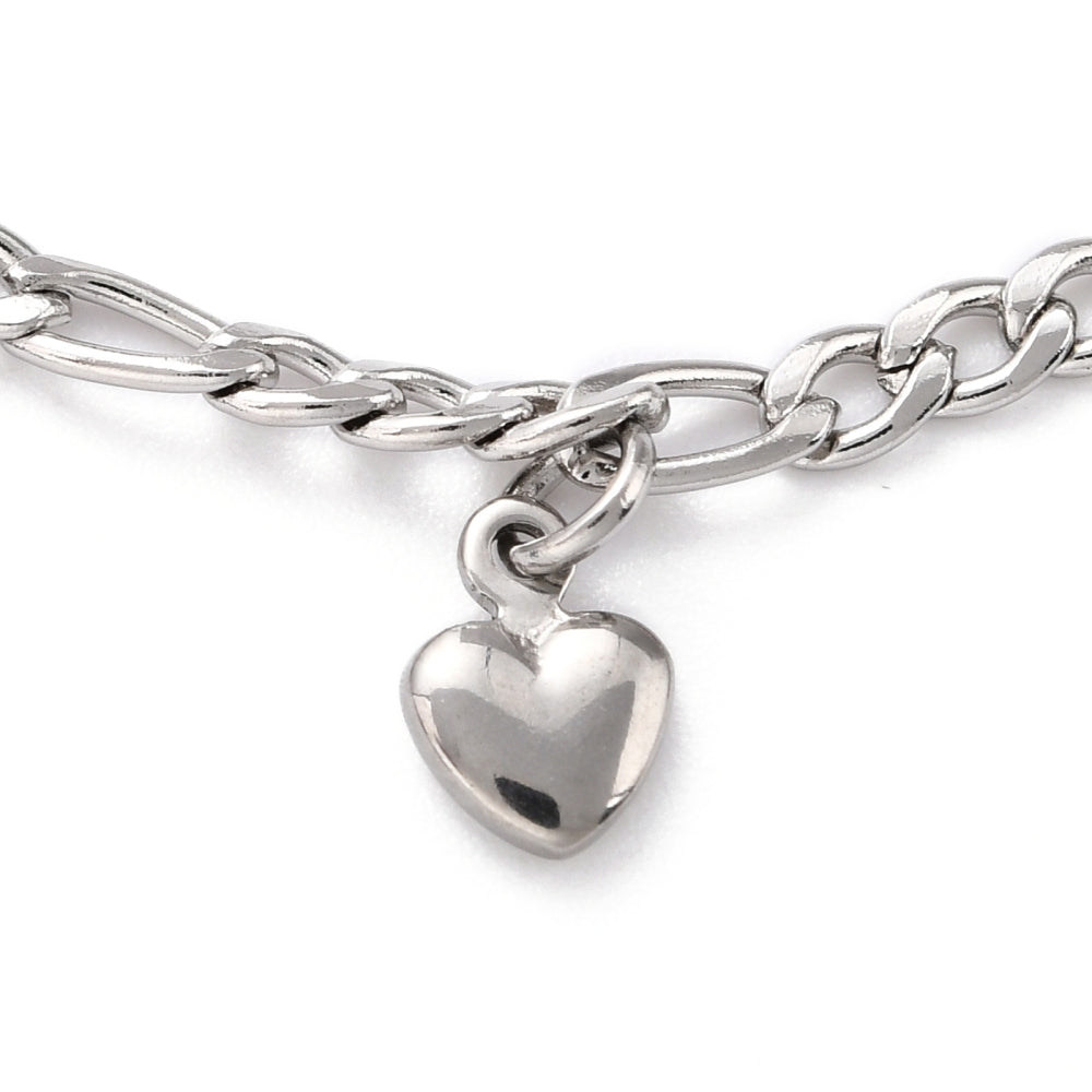 Figaro Chain With Hearts Silver Stainless Steel Anklet